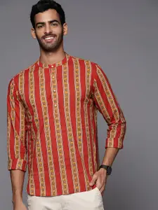 Indo Era Men Red & Yellow Pure Cotton Striped Floral Printed Kurta