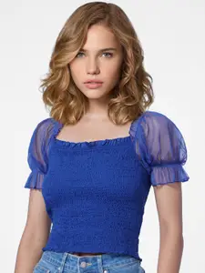 ONLY Women Blue Solid Square Neck Smocked Top