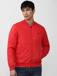Peter England Casuals Men Red Solid Polyester Long Sleeves Bomber Jacket