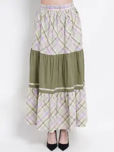 Purple State Women Green Checked Flared Maxi Pure Cotton Skirts