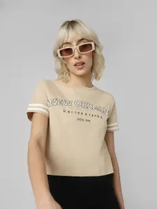 ONLY Women Beige & White Typography Printed T-shirt