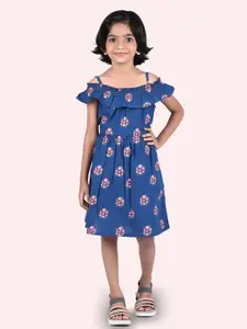 Zalio Girls Navy Blue & Pink Floral Printed Pure Cotton Off-Shoulder A-Line Dress