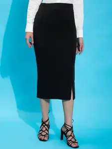Purple Feather Women Black Solid Stretchable Midi Pencil Skirt
