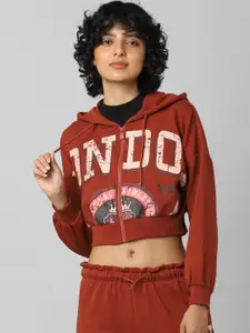 ONLY Women Brown Printed Cotton Hooded Sweatshirt