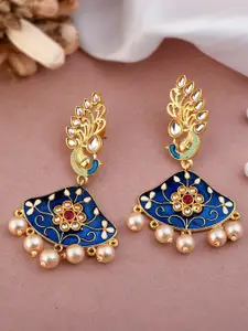 Silvermerc Designs Blue & Gold Plated Peacock Shaped Jhumkas Earrings