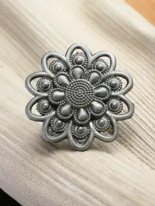 PANASH Silver-Toned Floral-Designed Oxidized Adjustable Ring