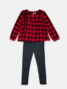 Pantaloons Junior Girls Red & Black Checked Top with Trousers