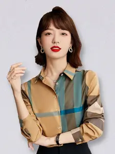 JC Collection Women Beige& Green Checked Casual Shirt