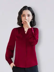 JC Collection Women Maroon Solid Polyester Cuffed Sleeves Top
