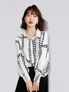 JC Collection Women White and Black Geometric Printed Polyester Casual Shirt