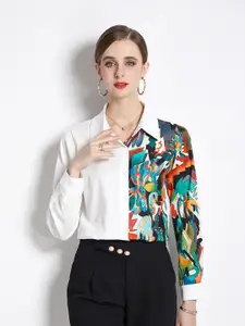 JC Collection Women White and Blue Abstract Printed Polyester Casual Shirt