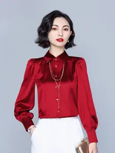 JC Collection Women Red Solid Puff Sleeves Polyester Casual Shirt