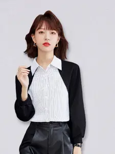 JC Collection Women White and Black Striped Polyester Casual Shirt