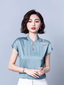 JC Collection Women Blue Mandarin Collar Extended Sleeves Yoke Embellished Polyester Top