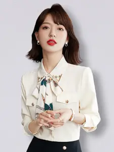 JC Collection Women Off White Solid Tie Up Polyester Casual Shirt