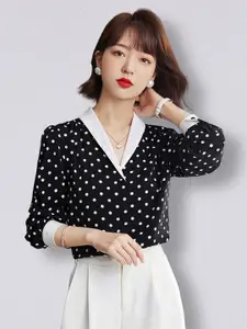 JC Collection Women Black Polka Dots Printed Polyester Casual Shirt