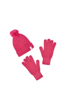 Pantaloons Junior Girls Pink Acrylic Self Design Beanie With Hand Gloves Set