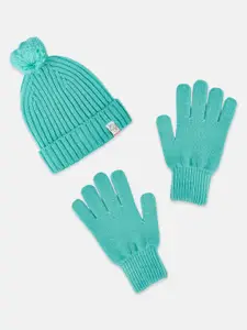 Pantaloons Junior Girls Turquoise Blue Beanie with Gloves