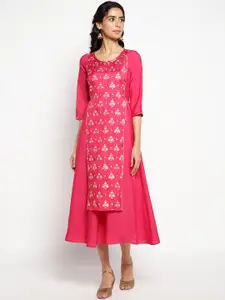 AURELIA Women Pink Floral Printed Gotta Patti Detail Layered Kurta