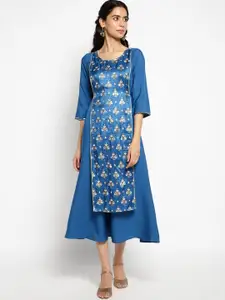 AURELIA Women Blue Floral Printed Gotta Patti Detail Layered Kurta