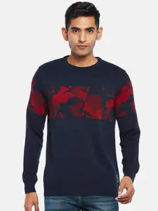 People Men Navy Blue & Red Printed Pullover