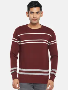 People Men Maroon & White Striped Pullover