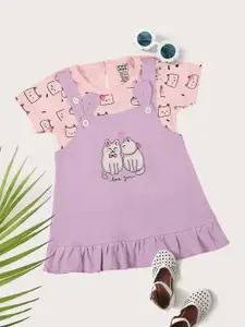 MeeMee Infant Girls Lavender & Pink With T- Shirt Cotton Pinafore Dress