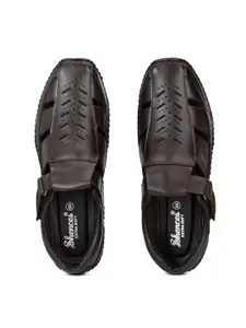 SHENCES Men Brown & Black Leather Shoe-Style Sandals