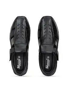 SHENCES Men Black Leather Shoe-Style Sandals