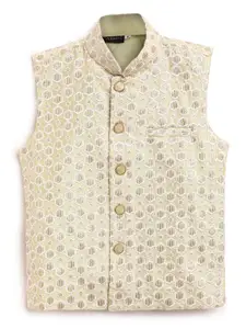 AJ Dezines Boys Green & White Embroidered Nehru Jacket