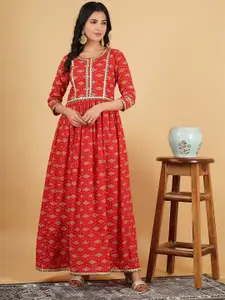 God Bless Red Floral Printed Cotton Ethnic Maxi Dress