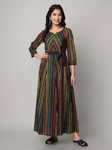 God Bless Black & Orange Striped Ethnic Rayon Maxi Dress