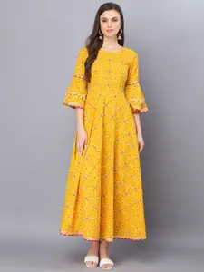 God Bless Yellow & Gold-Toned Bandhani Rayon Ethnic Maxi Dress