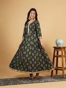 God Bless Green Ethnic Motifs Ethnic Rayon Maxi Ethnic Dress