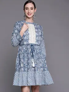 Indo Era Women Blue & White Pure Cotton Floral Printed A-Line Ethnic Dress
