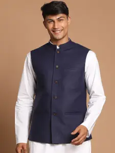 VASTRAMAY Men Navy Solid Blue Nehru Jacket