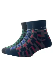 Peter England Men Pack Of 3 Grey & Navy Blue Checked Above Ankle Length Socks