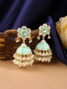 VIRAASI Green & Gold-Plated Contemporary Jhumkas Earrings