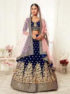 ODETTE Navy Blue & Peach-Coloured Embellished Sequinned Semi-Stitched Lehenga & Unstitched Blouse With