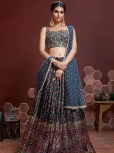 ODETTE Blue & Red Embellished Sequinned Semi-Stitched Lehenga & Unstitched Blouse With Dupatta
