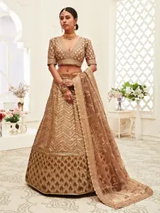 ODETTE Brown & Gold-Toned Embellished Sequinned Semi-Stitched Lehenga & Unstitched Blouse With Dupatta