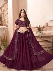 ODETTE Purple & Gold-Toned Embellished Sequinned Semi-Stitched Lehenga & Unstitched Blouse With Dupatta