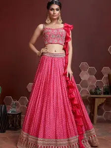 ODETTE Pink & White Embroidered Sequinned Semi-Stitched Lehenga & Unstitched Blouse With Dupatta