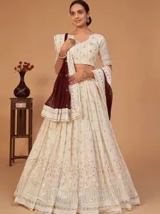 ODETTE Off White Embellished Semi-Stitched Lehenga & Unstitched Blouse With Dupatta
