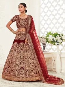 ODETTE Red & Gold-Toned Embroidered Thread Work Semi-Stitched Lehenga & Unstitched Blouse With Dupatta