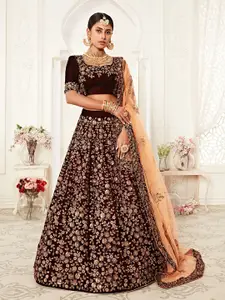 ODETTE Maroon & Peach-Coloured Embroidered Thread Work Semi-Stitched Lehenga & Unstitched Blouse With