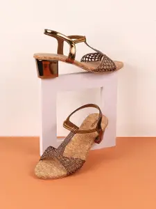 Mochi Women Gold-Toned Embellished Open Toe Block Heels