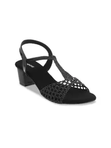 Mochi Women Black Embellished Open Toe Block Heels