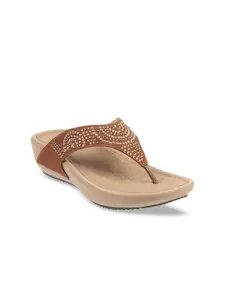 Mochi Women Tan Embellished T-Strap Flats