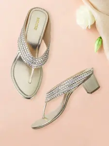 Mochi Gold-Toned & Silver-Toned Embellished Block Heels